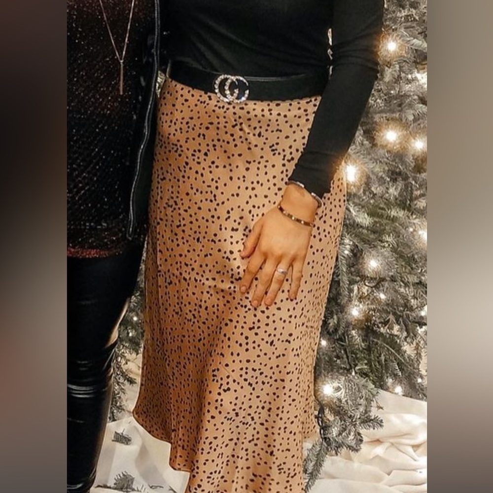 Tan + Black Dot satin midi skirt